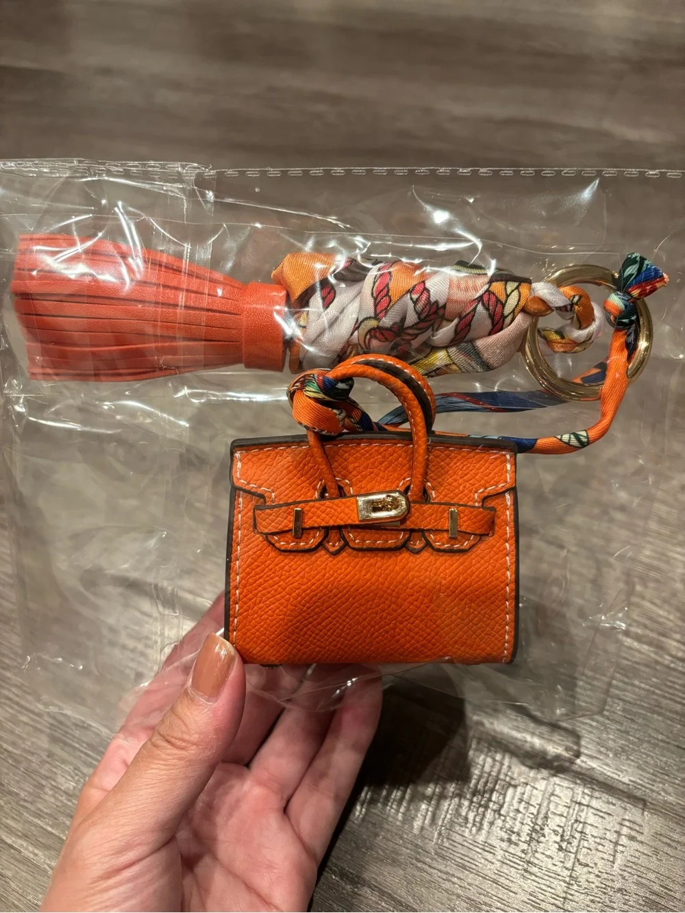 Mini Top Handle Handbag Charm Keychain with Scarf & Tassel – Orange